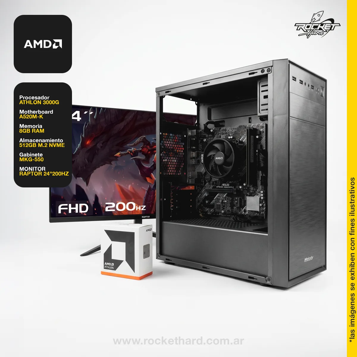 ROCKET OFICINA 01 - ATHLON 3000G - A520 - 8GB - 500GB - KIT GABINETE - MONITOR -