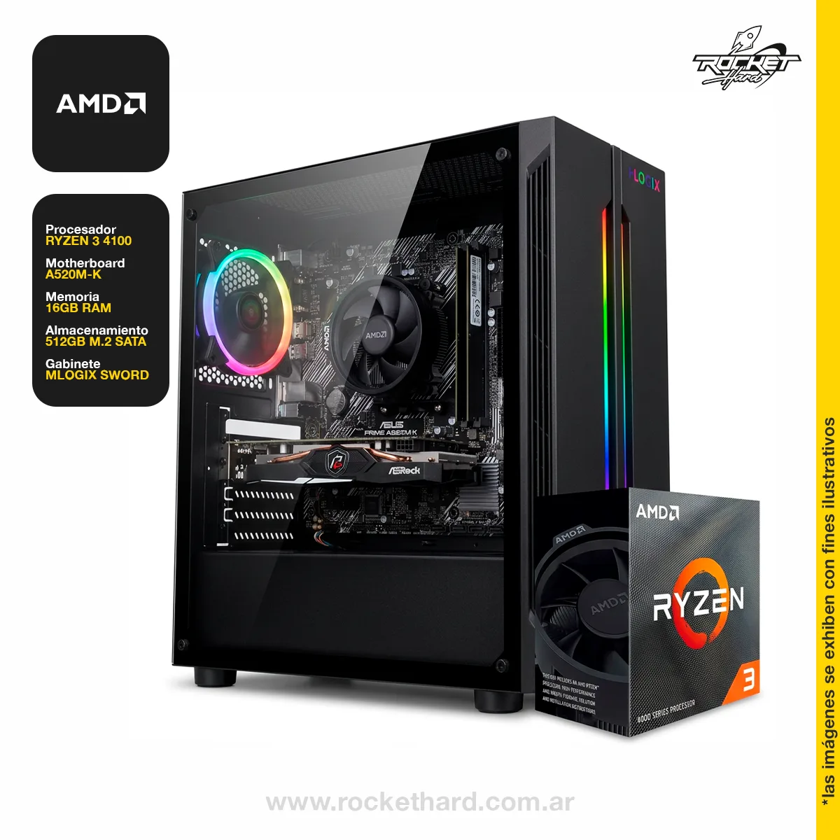 ROCKET SCHOOL 11 - RYZEN 3 4100 - A520M-K - 16GB - 500GB - RX 570 - GABINETE RGB - PERIFERICOS