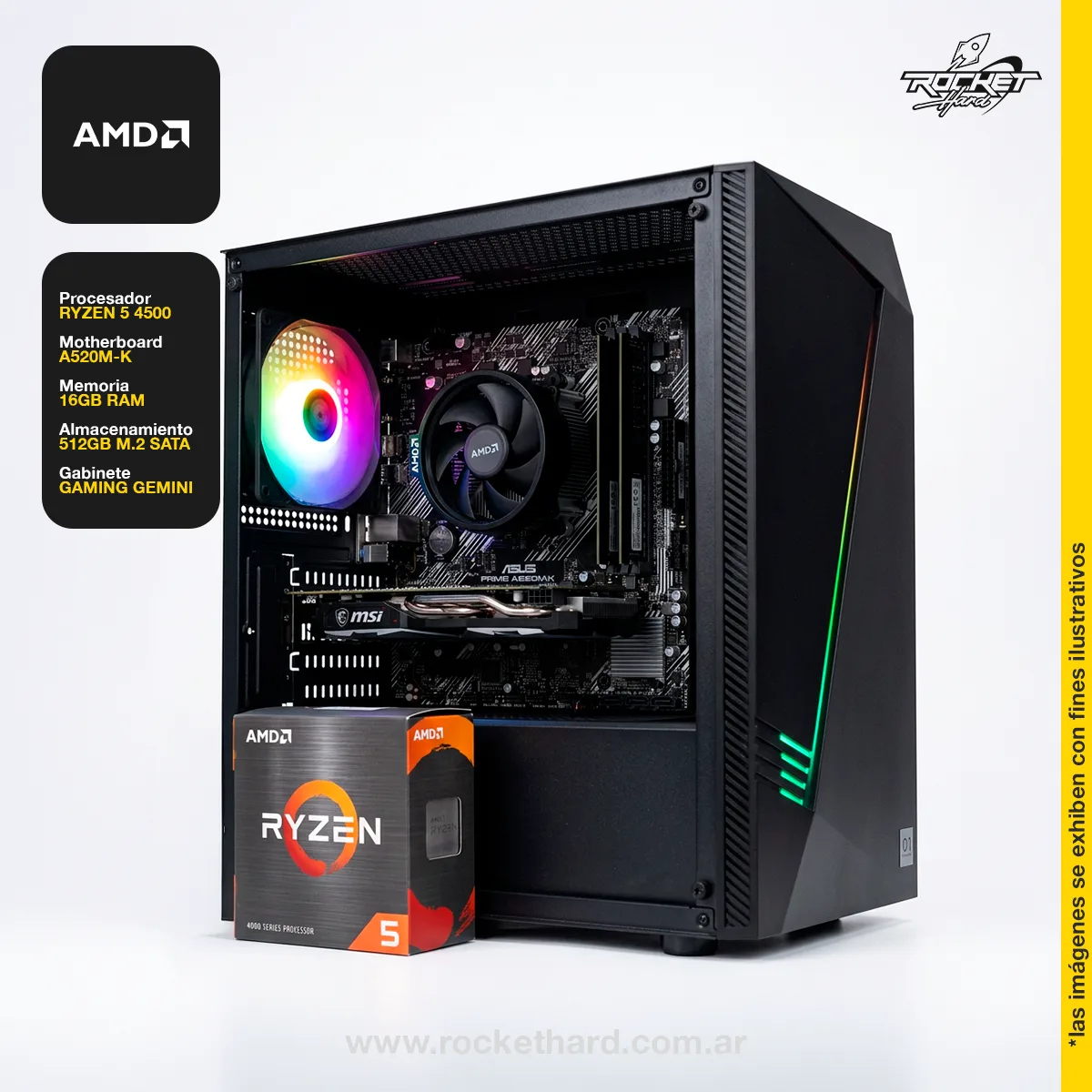 Rocket School 12 - Ryzen 5 4500 - A520m-k - 16gb - 500gb - Rx5500xt - 650w 80+ - Gabinete Rgb - Perifericos