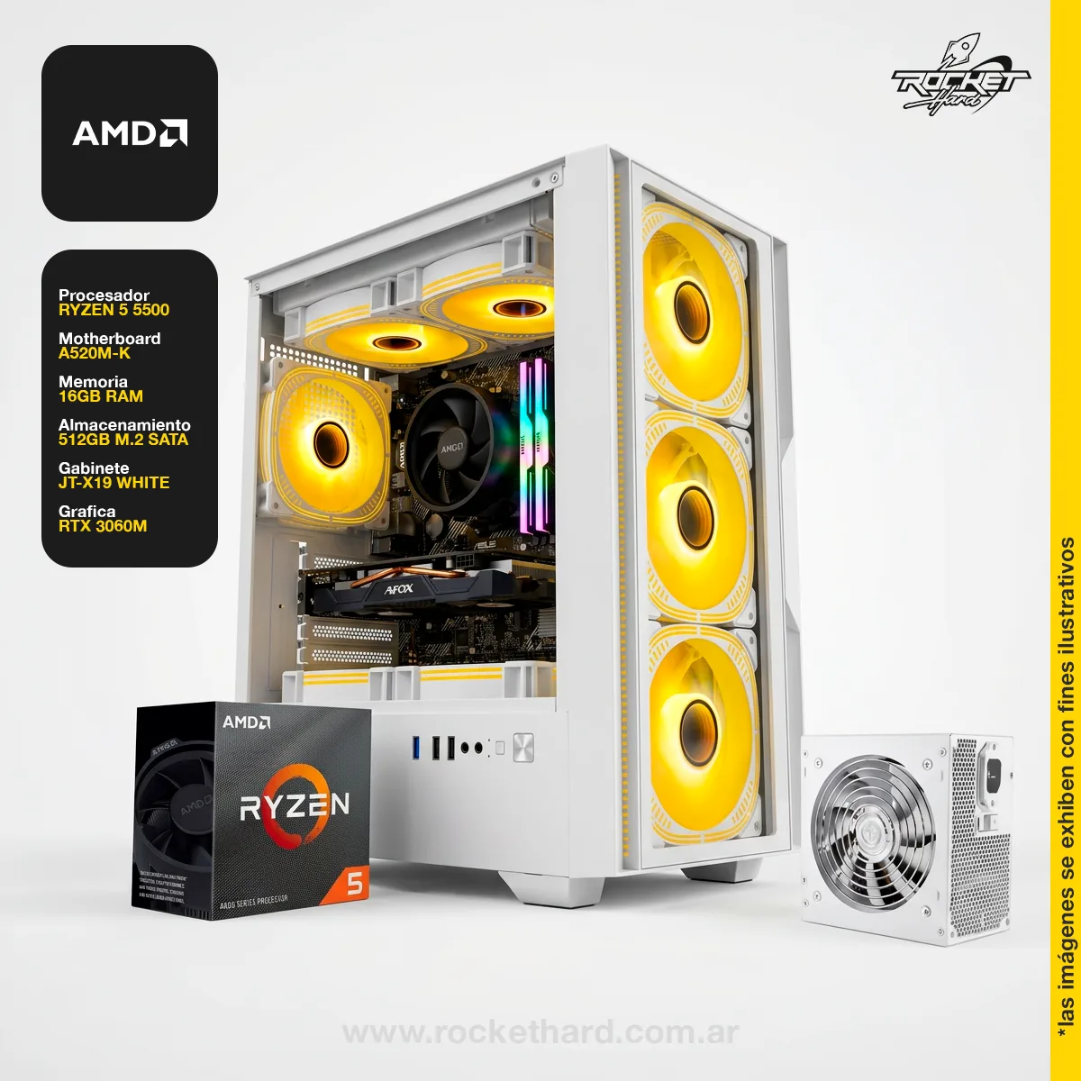 PC RYZEN 5 5500-A520M-K-16GB-512GB-RTX 3060M-750W+GABINETE RGB