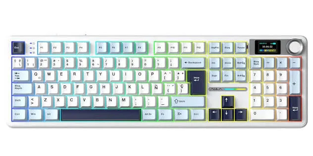 TECLADO AULA F108 PRO LIGHT BLUE WHITE BLACK PURPLE MECANICO TRIMODO WIRELESS FULL RGB SW REAPER ESP