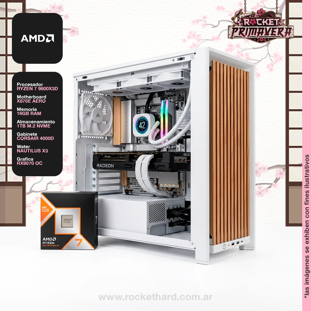 PC ROCKET AMD RYZEN 7 9800X3D - 16GB - SSD 1TB - X870E - RX 9070 - GABINETE RGB - 850W