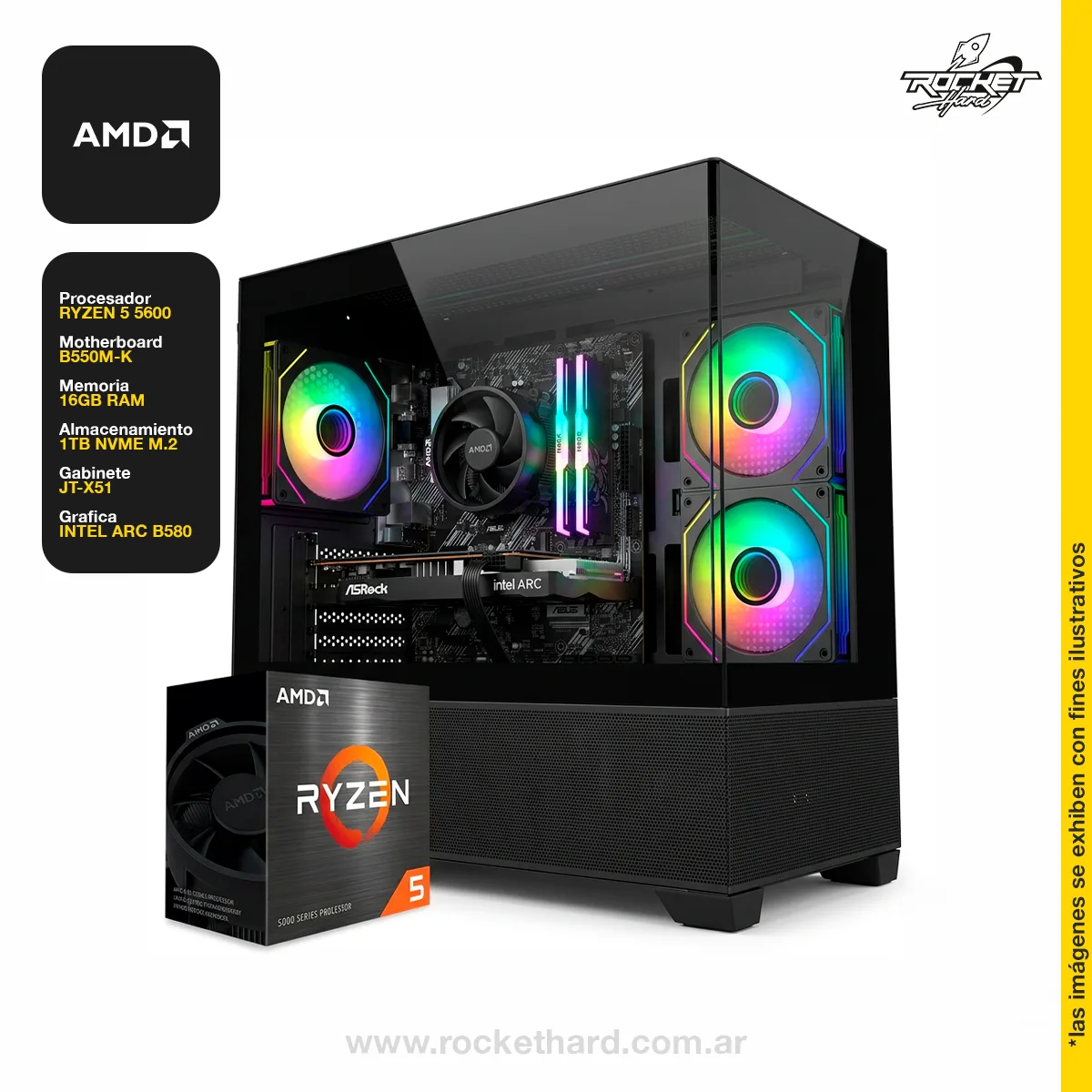 PC RYZEN 5 5500 - 16GB - 512GB - 650W -A520 - ARC A380 6GB - GABINETE RGB