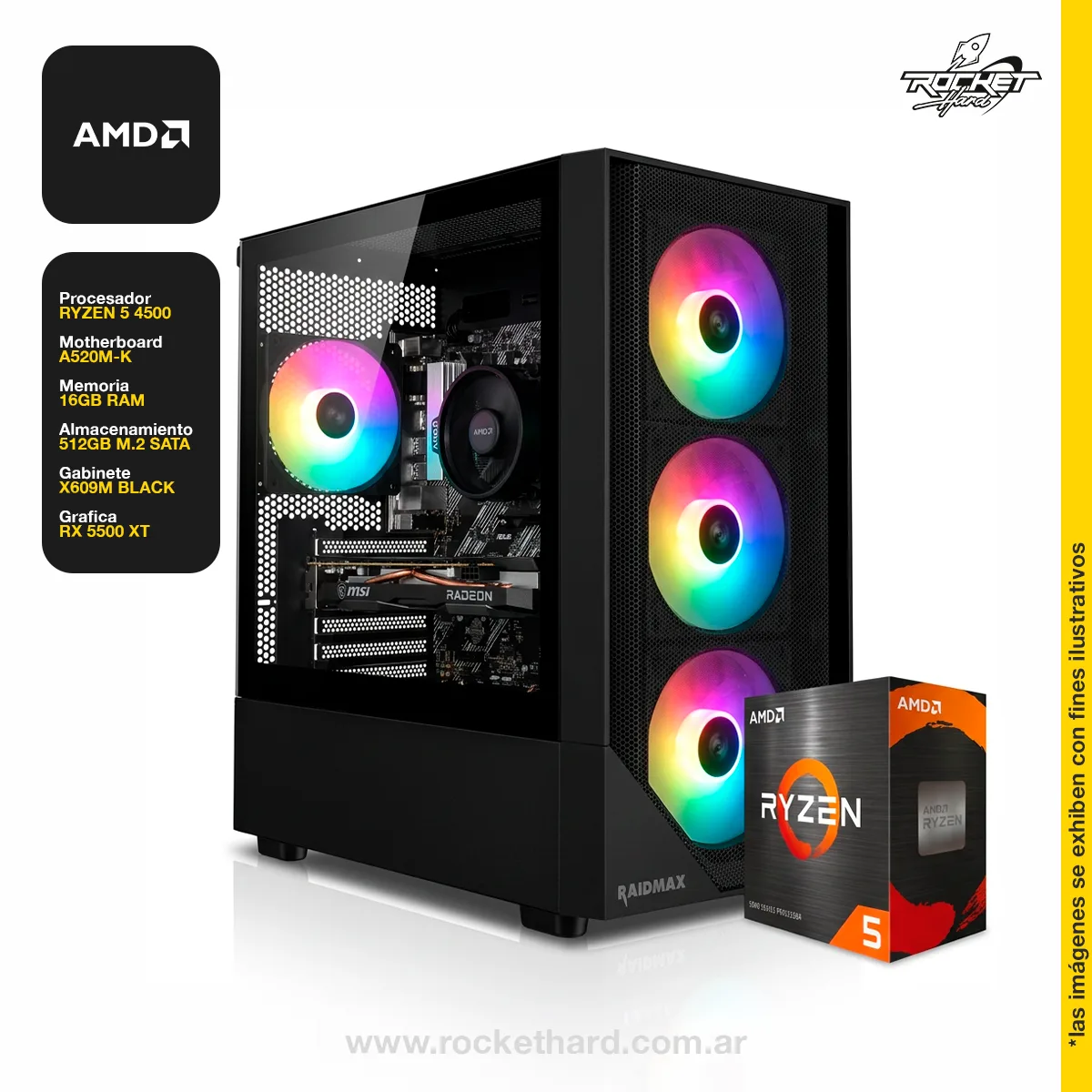PC ROCKET RYZEN 5 4500 - 16GB - 512GB - RX 5500 XT - 600W - GABINETE RGB