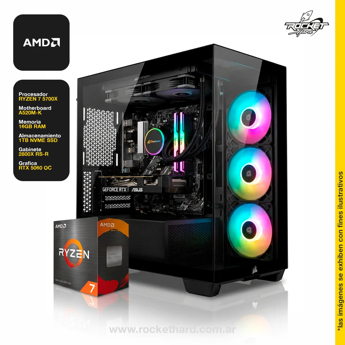 PC ROCKET RYZEN 7 5700X - 16GB - 1TB - RTX 5060 - WATER 240 - 750W - GABINETE RGB