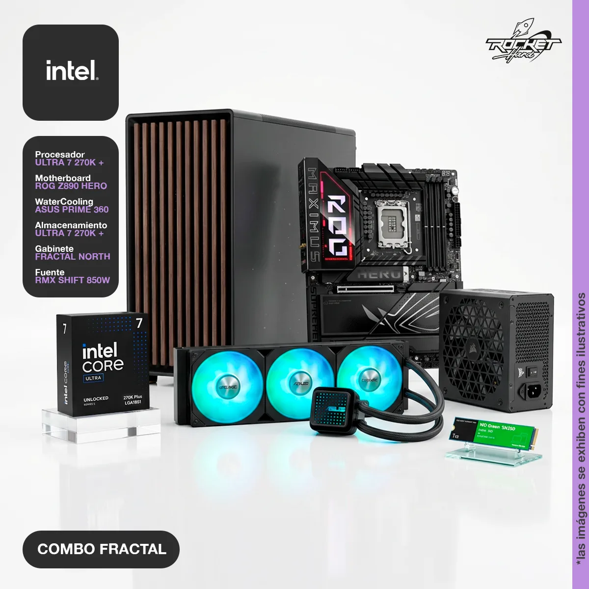COMBO GABINETE FRACTAL NORTH XL BLACK+INTEL CORE ULTRA 7 270K PLUS+1TB NVME WD GREEN+FUENTE CORSAIR RMX 850W+MOTHER ROG MAXUMUS Z890 HERO+WATER ASUS 360 PRIME BLACK