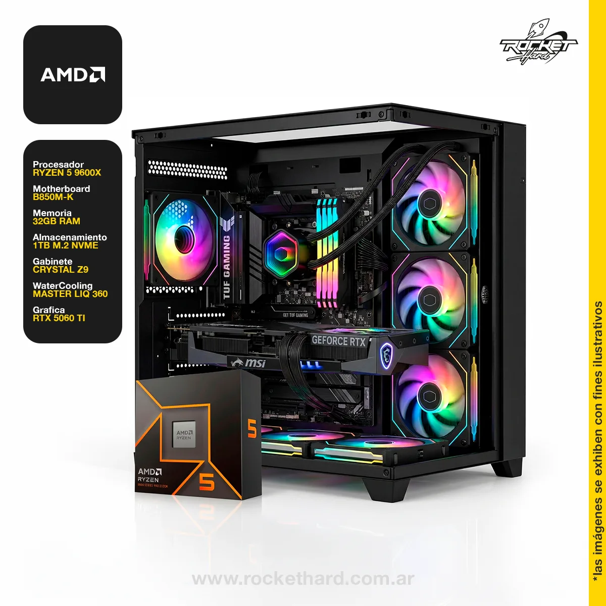 PC RYZEN 5 9600X - B850 - 32GB - 1TB - 5060 TI - GABINETE RGB