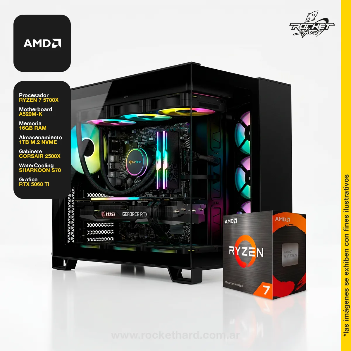 PC ROCKET RYZEN 7 5700X - 16GB - 1TB - RTX 5060 TI - WATER 240 - 750W - GABINETE RGB