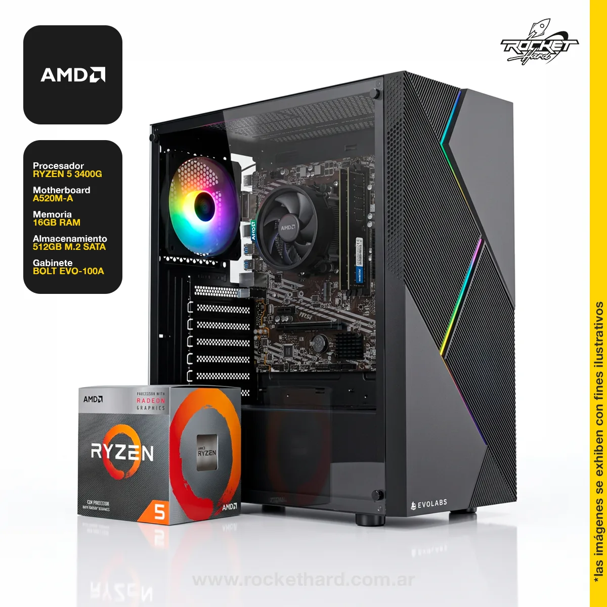 PC RYZEN 5 3400G-16GB+512GB+GABINETE RGB+WIFI