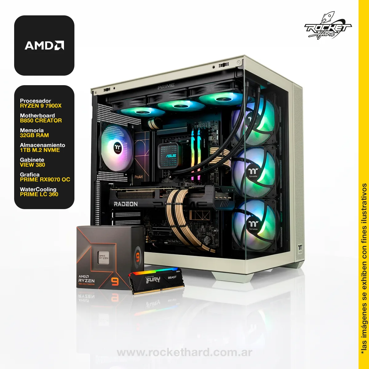 PC ROCKET AMD RYZEN 9 7900X - 16GB RAM - 1TB - RX9070 -GABINETE RGB