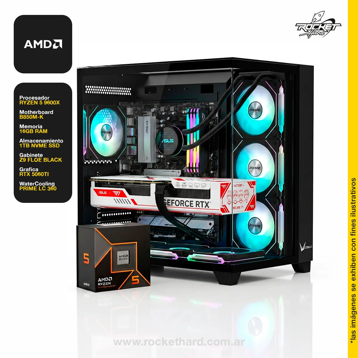 PC RYZEN 5 9600X - B850 - 32GB - 1TB - 5060 TI - GABINETE RGB