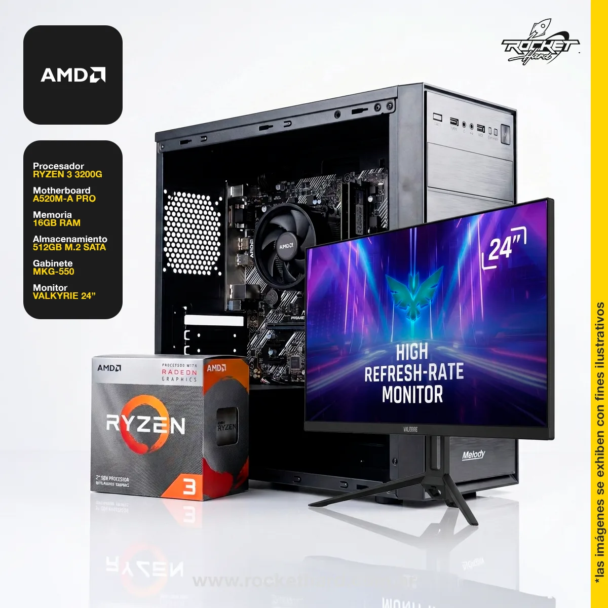 PC ROCKET - RYZEN 3 3200G - 16GB - 512GB - KIT GABINETE - MONITOR