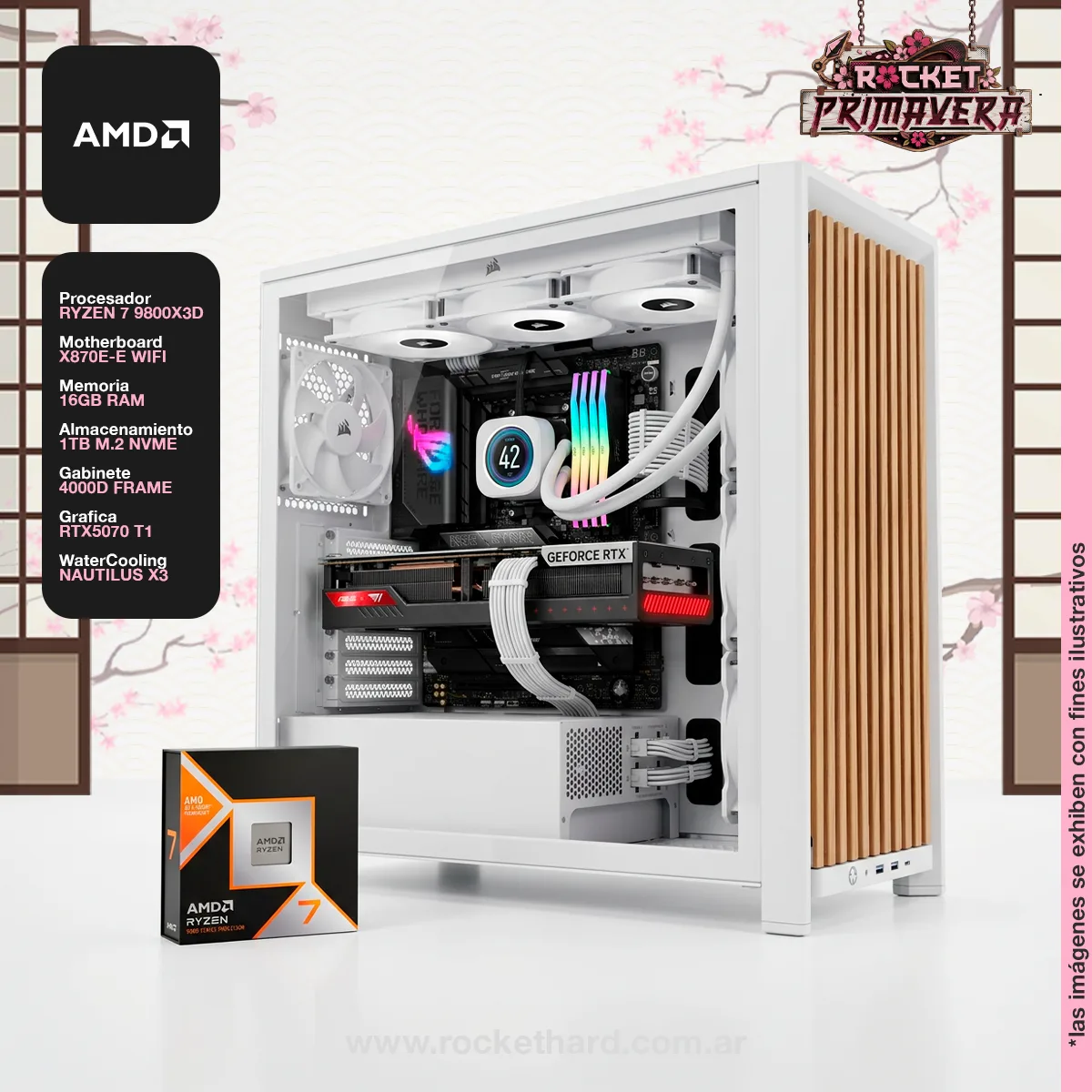 Pc Rocket Amd Ryzen 7 9800x3d - 16gb - Ssd 1tb - X870e - Rtx 5070 - Gabinete Rgb - 850w