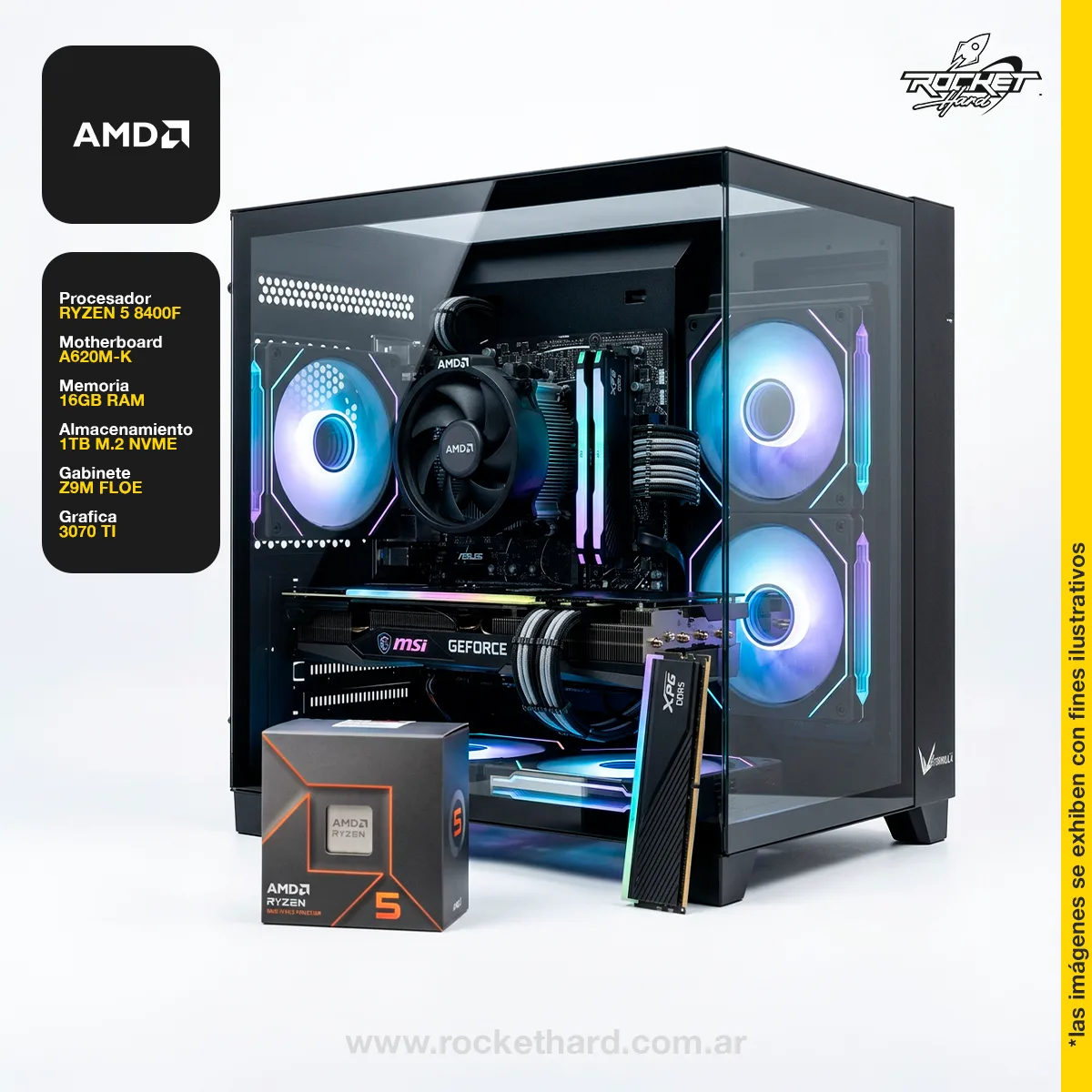 PC ROCKET RYZEN 5 8400F - 16GB - 1TB - RTX 3070 - 750W - GABINETE RGB