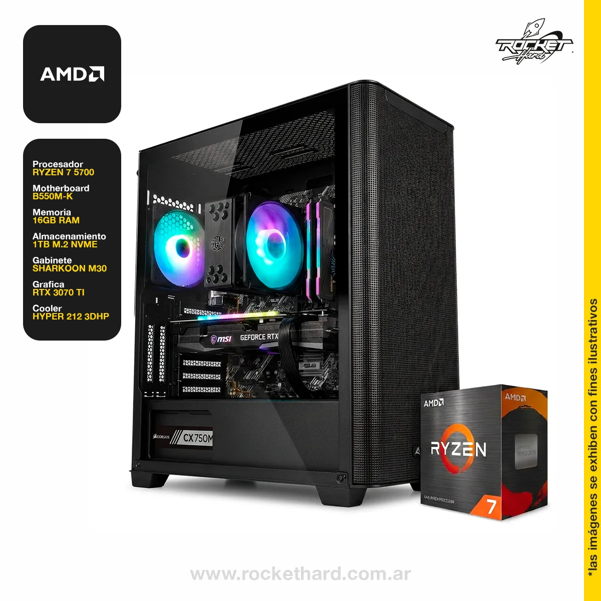 PC ROCKET AMD RYZEN 7 5700 - B550M - 16GB RAM - 500GB NVME - RTX 3070 - 750W PLATINUM