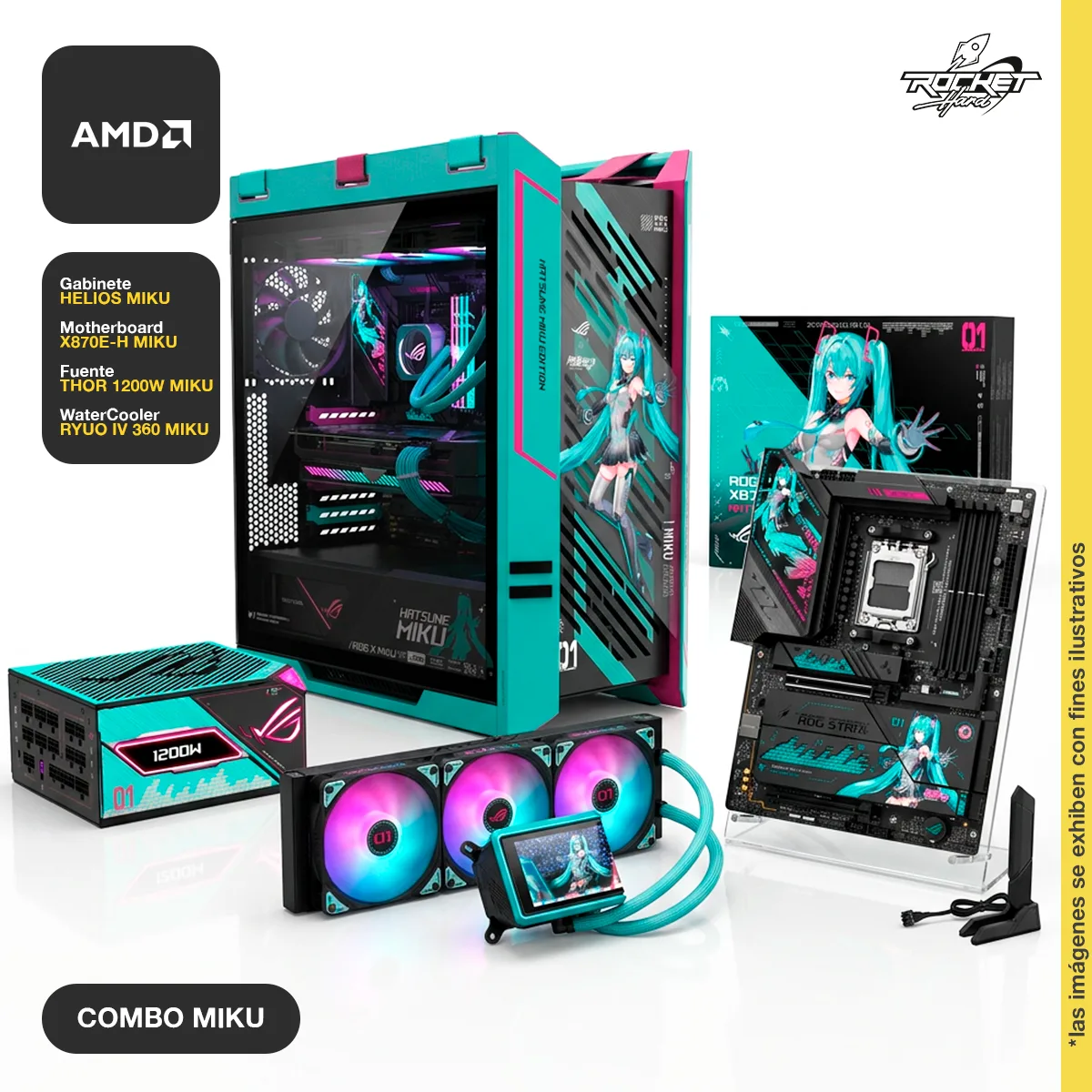 COMBO GABINETE +FUENTE 1200W ASUS ROG THOR 1200P III PLATINUM+MOTHER ASUS ROG STRIX X870E-H +WATER COOLER ASUS ROG RYUO IV 360 HATSUNE MIKU EDITION