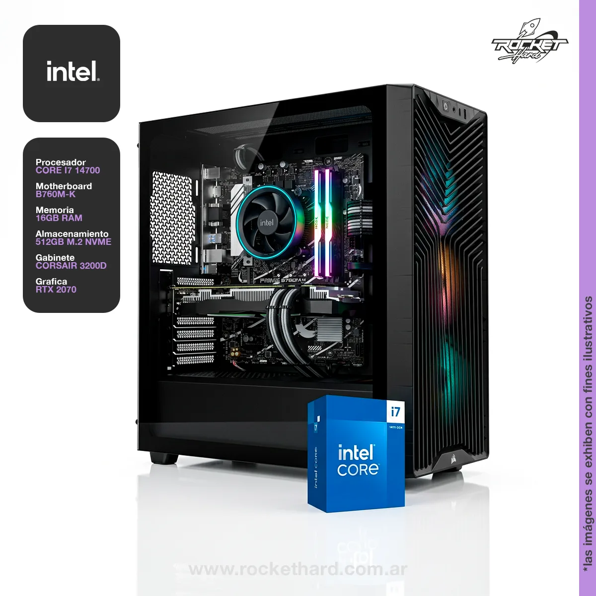 PC ROCKET INTEL I7 14700 - 16GB - SSD 512GB - RTX 2070 - FUENTE 700W - GABINETE RGB