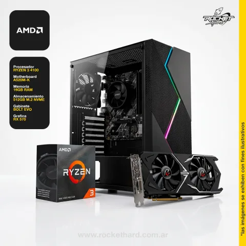 Pc Rocket Ryzen 3 4100 - 16gb - 512gb - Rx 570 - Gabinete Rbg