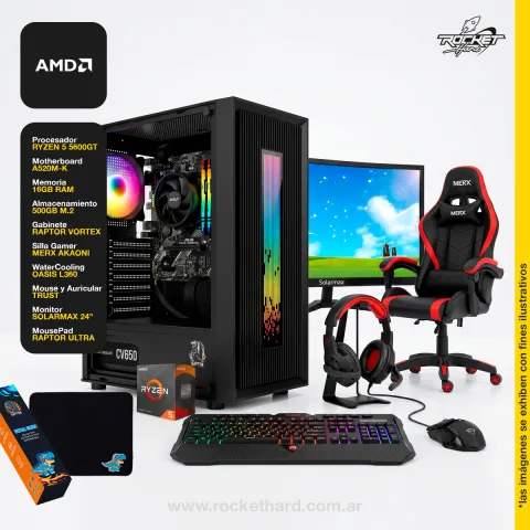 Rocket School 04 - Ryzen 5 5600gt - A520m-k - 16gb - 500gb - Gabinete Rgb - Perifericos - Monitor 75hz- Silla Gamer